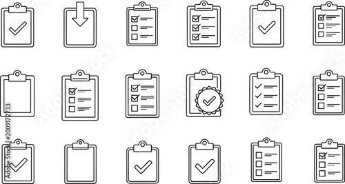 Clipboard checklist icons set with task lists check marks approval document vector outline illustration office management collection