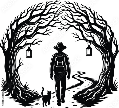 фотографія Silhouette of hiker with backpack and cat walking through forest