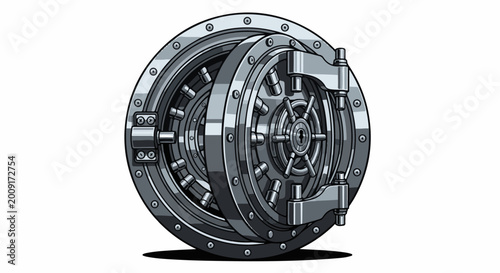 A detailed pixel art illustration of a large, circular, metallic bank vault door