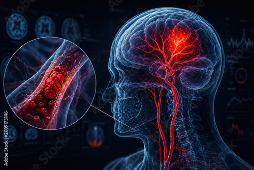 Brain stroke visualization with blocked artery and blood clot, medical 3D illustration