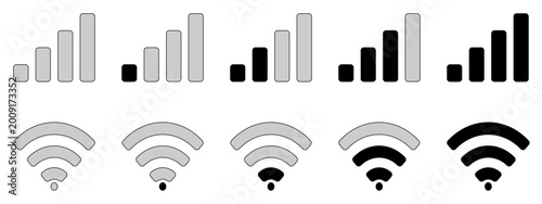 Photos Digital device status icons set showing mobile signal bars strength, and wifi co