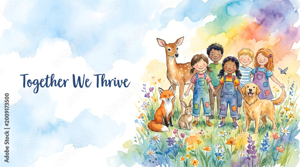 Fototapeta premium Watercolor Child and Wild Animal Together We Thrive Earth Day Illustration Poster