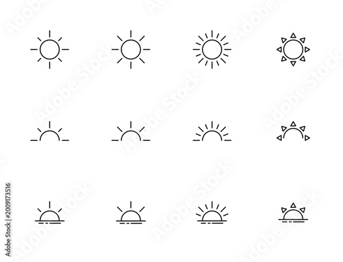 Sun, Sunrise, and Sunset Thin Line Outline Icon Set