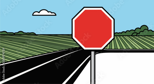 A red stop sign stands at a rural crossroads with fields and trees