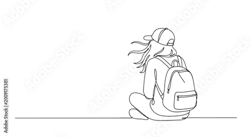 Teenager with backpack and cap sitting one line drawing with line art