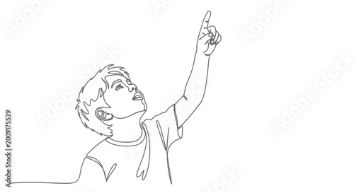 Young boy looking up and pointing with one finger in continuous line art style