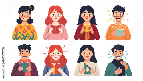 Fotografija Reader's emotions: A captivating illustration that showcases various persons engrossed in books, each reflecting distinct emotions