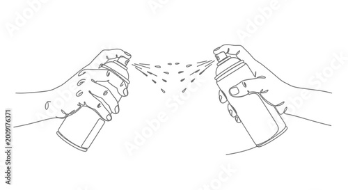 Two hands spraying from aerosol cans, continuous one line drawing