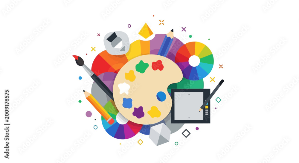 Naklejka premium Creative Graphic Design Tools Illustration with Artist Palette Color Wheel and Graphics Tablet on White Background