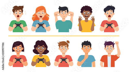 Konstfotografi Gaming Emotions: A collection of diverse individuals, fully engrossed in the interactive digital gaming experience, showcasing a spectrum of human emotion