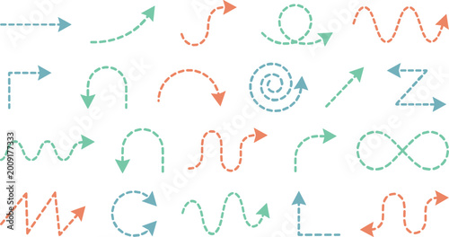 Foto Set of black dashed line arrow symbols and dotted directional pointers featuring