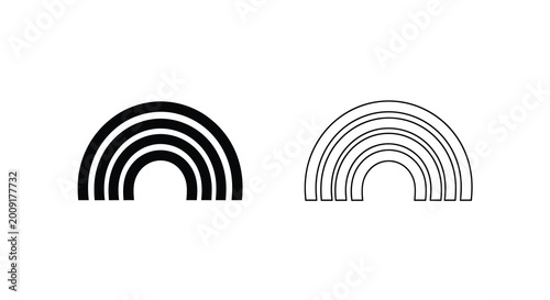 Two artistic rainbow illustrations a bold black design and a delicate line art version