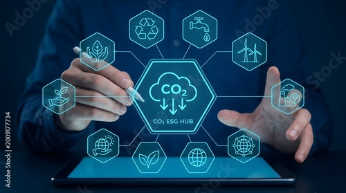 The intersection of corporate stewardship and digital carbon accounting visualized through a holographic dashboard to accelerate green investment transparency.
