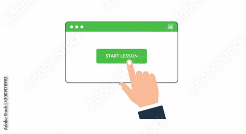 Hand Clicking Start Lesson Button on Green Web Browser Interface for E-learning and Online Education Concept