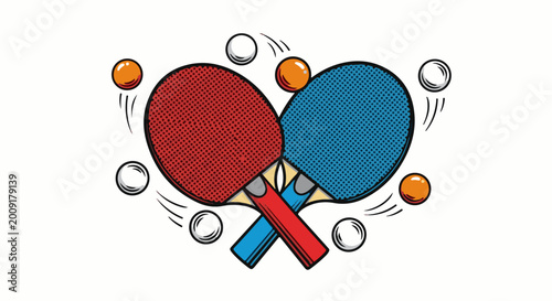 A pop art illustration of two ping pong paddles crossed, with balls in motion