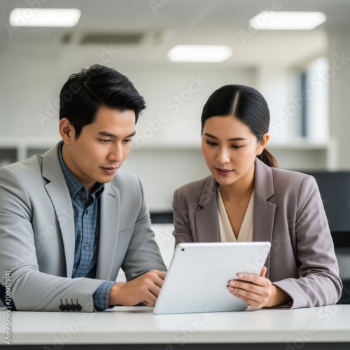 Two Asian business colleagues reviewing data on a digital tablet in a modern office for corporate teamwork, professional collaboration and financial technology advertising