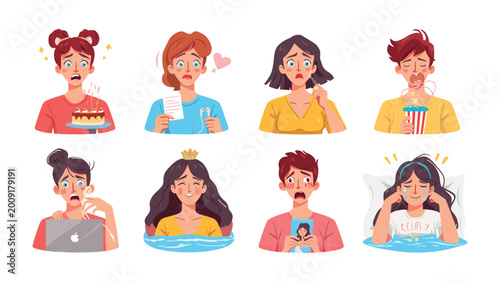 Εκτύπωση καμβά Emotional Overload: A series of illustrations capturing diverse individuals in various states of anxiety, showcasing a range of emotional expressions