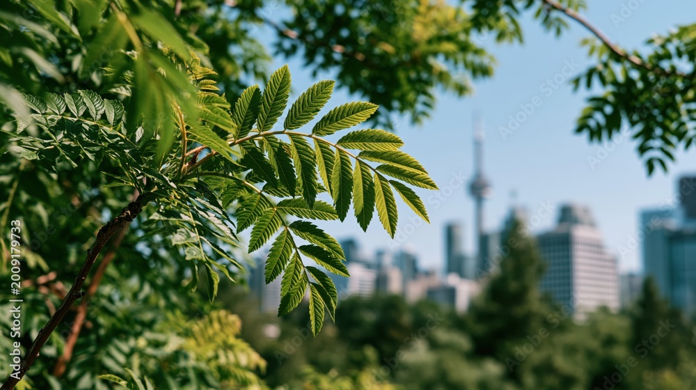 Fototapeta premium Low-angle sunlight filtering through green leaves towards a modern city skyline