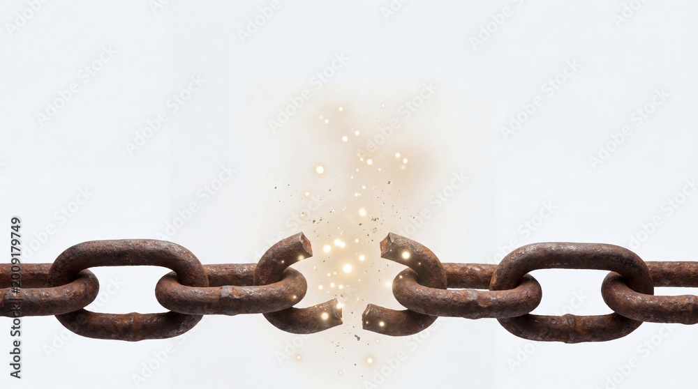 Fototapeta premium Broken rusty metal chain link isolated on white background