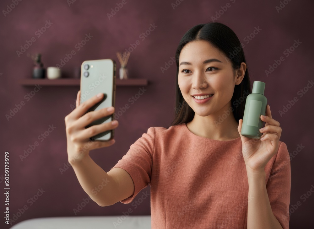 Young East Asian woman filming a selfie video while holding a product bottle for beauty vlogging, social media marketing and wellness content creator advertising