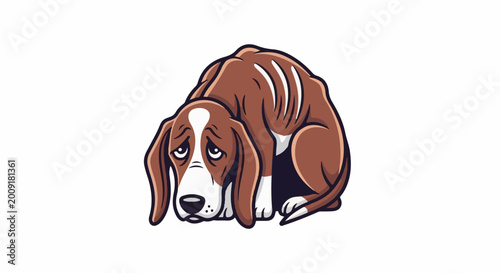 A sad, brown and white cartoon dog is curled up on a white background