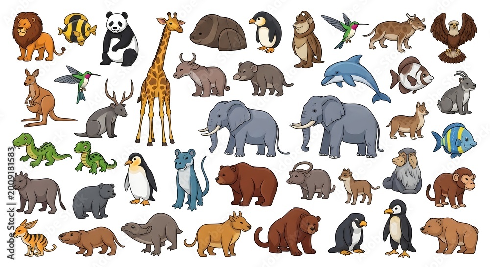 Fototapeta premium Large Collection of Diverse Wild Animals and Wildlife Species on White Background.