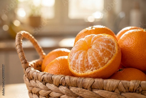 Fresh Tangerines in Wicker Basket with Peeled Segments Close-up