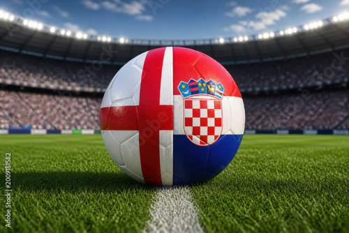 England and Croatia flags on soccer ball at stadium