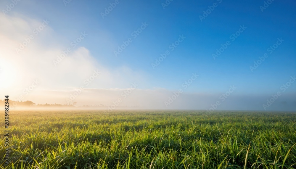 Fototapeta premium Morning mist over lush green rice fields scenic landscape rural environment nature photography