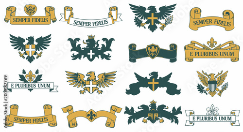 Tableau sur toile Vintage gold vector illustration set featuring a French coat of arms and crowns