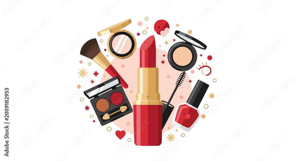 Obraz premium Cosmetic Makeup Products Flat Vector Illustration with Red Lipstick, Eyeshadow, Mascara, and Brush