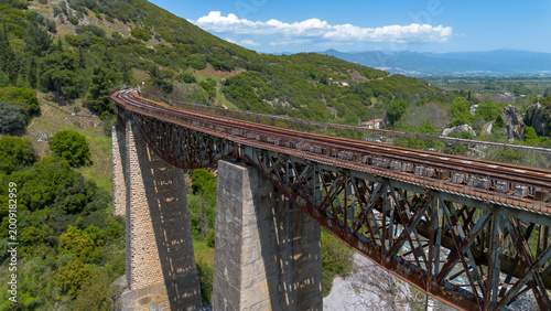 High angle view of the historic Gorgopotamos railway viaduct over the river in Greece