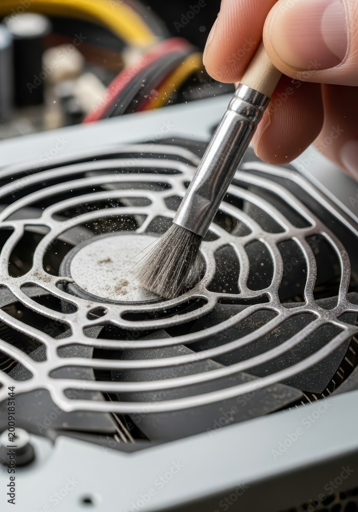 Obraz premium Person cleans dust from a computer cooling fan using a small brush.