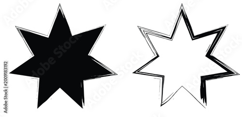 Bilde på lerret Minimalist black and white seven pointed star icons with rough hand drawn edges for celestial decorative patterns and modern artistic design elements