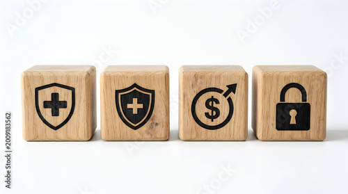 Four wooden blocks with business security icons  finance protection symbols