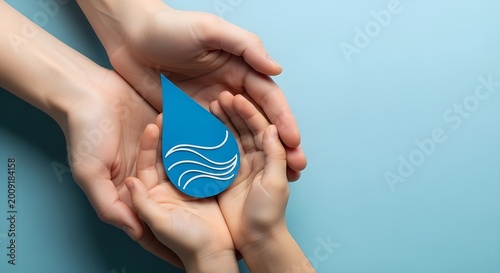 Hands protecting a blue water drop icon, symbolizing conservation and environmental care, clean resource concept