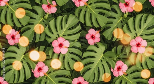 Vibrant tropical floral pattern with monstera leaves and hibiscus flowers