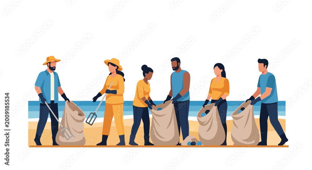Obraz premium Diverse Group of Volunteers Cleaning Up Plastic Trash on Beach, Environmental Conservation and Ecology Concept Flat Vector Illustration Isolated on White