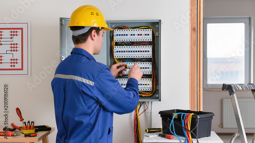 Photos electrician at work,
Electrician wiring indoor circuit breaker box