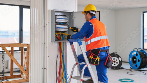 Billede på lærred Electrician on ladder installing fusebox