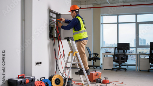 Billede på lærred Technician on ladder repairing office panel