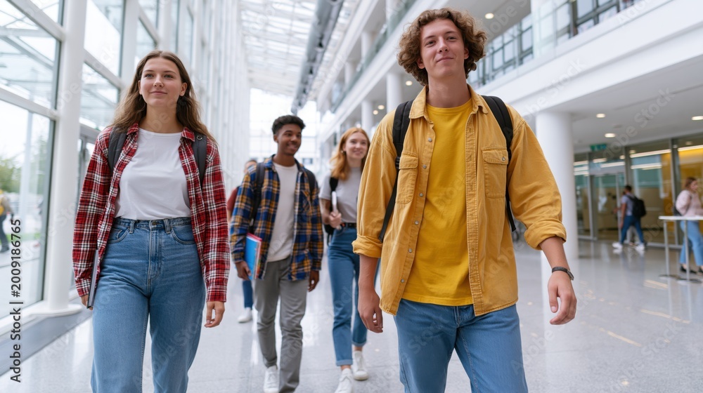 Obraz premium Diverse group of students walking through a modern university hallway