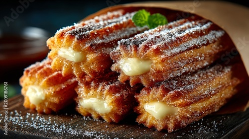 Golden brown, cream-filled churros are stacked in a paper bag, dusted with sugar and topped with fresh mint in this close-up shot.