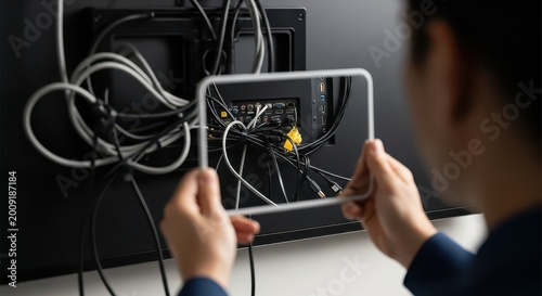 Technician uses a digital framing device to inspect the cable connections on the back of a large screen display.