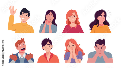 Foto Diverse Emotional Spectrum: A vibrant collection of individuals expressing a range of emotions, from joy and surprise to sadness and anxiety, encapsulating the human experience