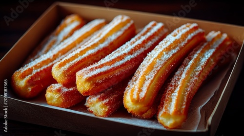 A box filled with golden-brown, sugar-dusted churros, perfectly fried and ready to enjoy. A classic, sweet treat captured in a warm, inviting close-up.