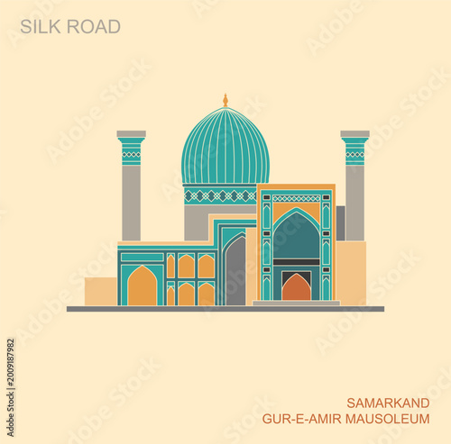 Flat style illustration of Gur e Amir Mausoleum in Samarkand Uzbekistan featuring iconic turquoise dome and Islamic architecture of the Silk Road era