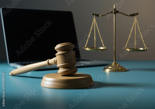 Wooden gavel and scales of justice on a desk with a laptop for legal firm website, law practice advertising and online justice services mockup with copy space