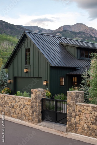Green house with metal roof situated in the mountains near a stone wall, showcasing landscape, trees, sky, and nature during the day
