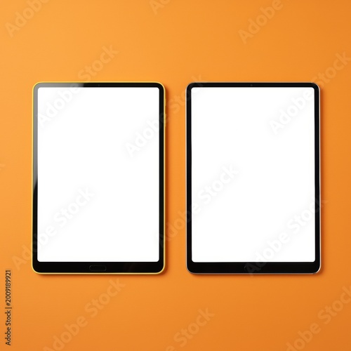 Orange background with two digital tablet devices placed side by side for app presentation, software marketing and creative website portfolio display with mockup screens